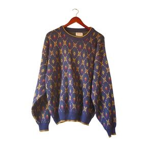Vintage 80s Grandpa Mens Geometric Pattern Crewneck Sweater Navy XL Acrylic